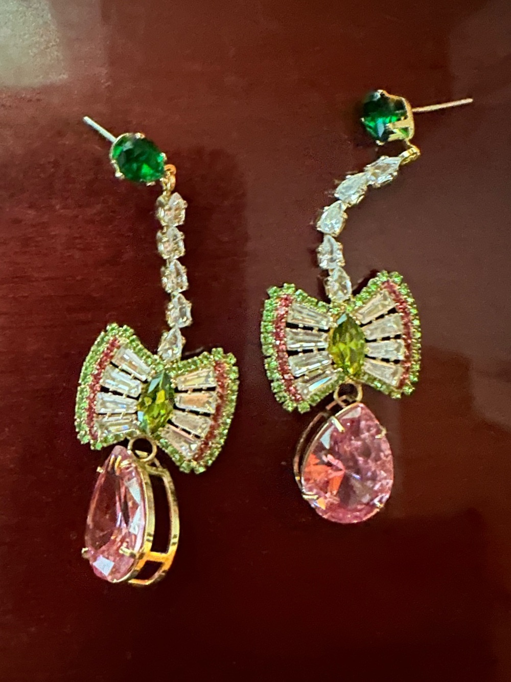 Pastel Multicolor Gemstone pink Drop Earrings butterfly diamonds paved crystal